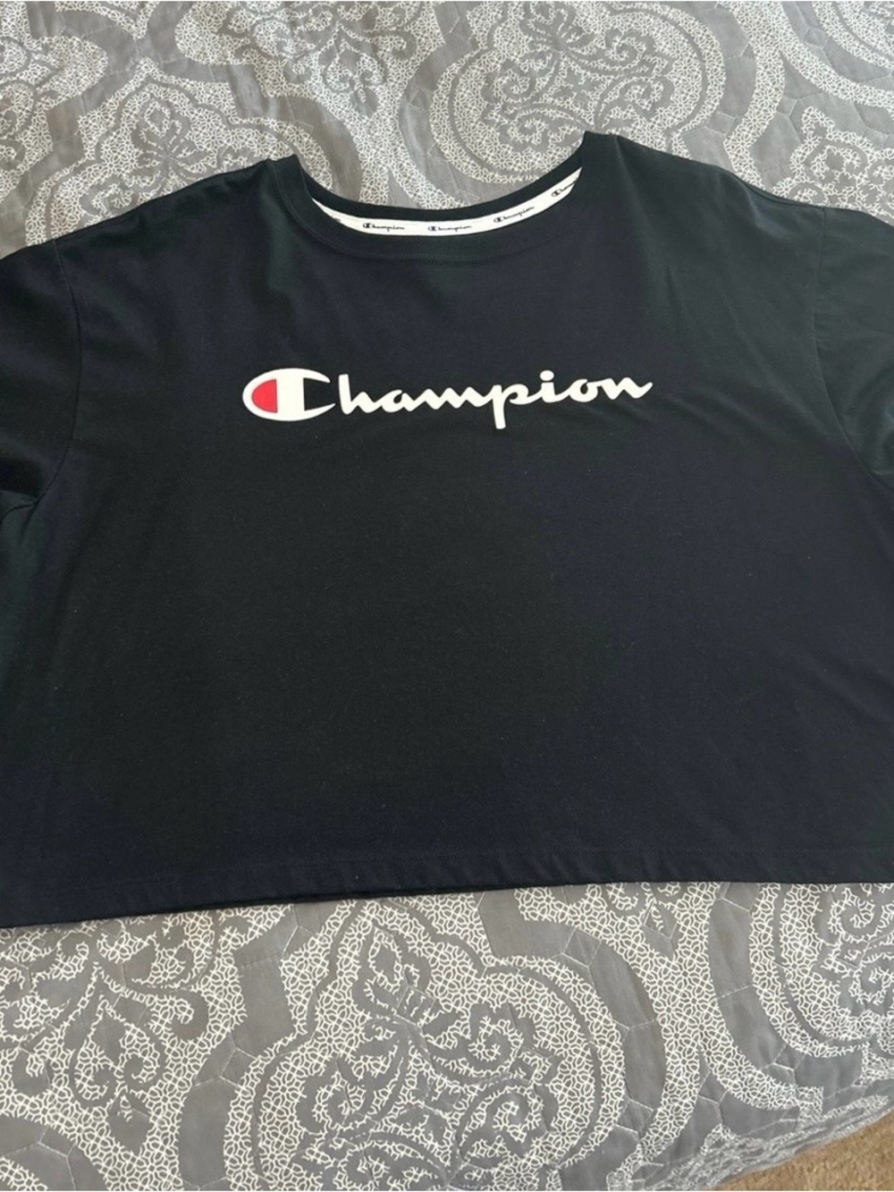 Champion Black Tee with Blue and Red Logo